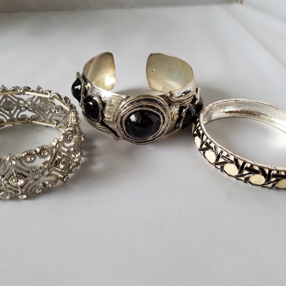 3 Silver Black Bracelets Bangle Cuff Stackable - image 1